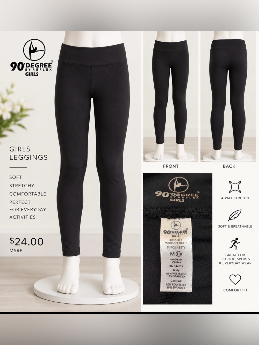 90 Degree By Reflex Girls Lux Madison Tight Leggings - Slim Fit, Size 10